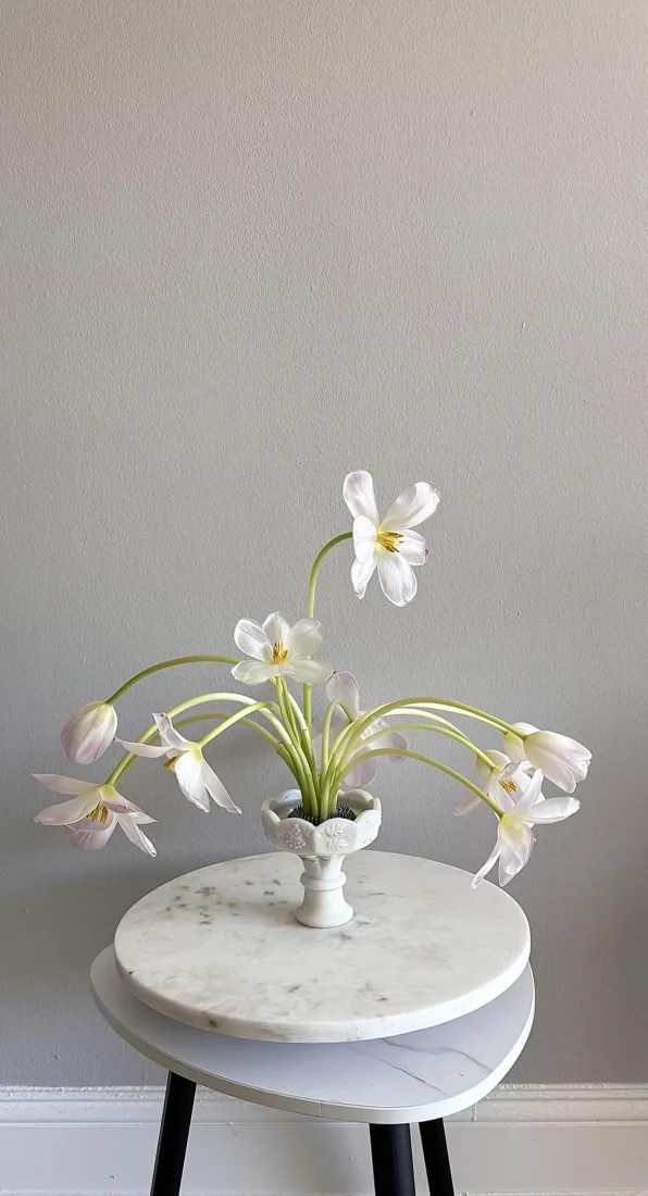 White tulips curving from a sculptural vase